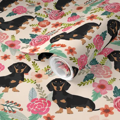 Spoonflower Pre-pasted Wallpaper Doxie Flowers Florals Dachshund Dachshunds Dog Cute Pet Dog Baby Leggings 2' X 