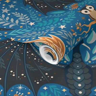 Spoonflower Pre-pasted Wallpaper Dragon Forest At Night F5 - Blue - Fawn-brown 2' X 12' Removable