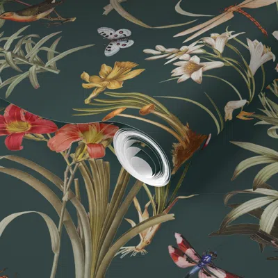 Spoonflower Pre-pasted Wallpaper Dragonfly Garden Evergreen // X-large 2' X 12' Removable In Multi