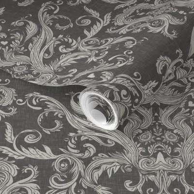 Spoonflower Pre-pasted Wallpaper Dread Damask In Charcoal Linen 2' X 12' Removable