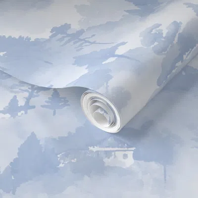 Spoonflower Pre-pasted Wallpaper Dreamy Watercolor Chinese Landscape In Light Wedgewood Blue - Coordinate 2' X 1