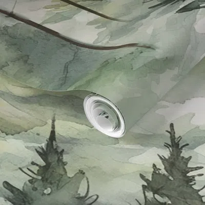 Spoonflower Pre-pasted Wallpaper Dreamy Watercolor Evergreen Conifer Pine Tree Forest Large 2' X 12' Removable In Green