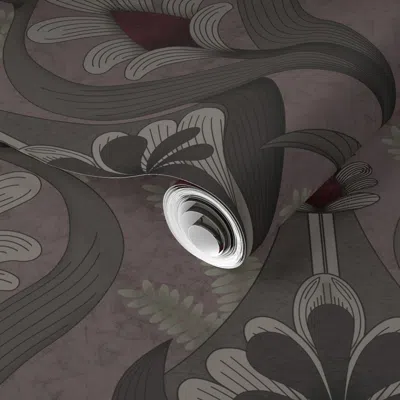 Spoonflower Pre-pasted Wallpaper Dusty Lavender Taupe Wine Red Art Deco Floral Medallion Flower Fan Branches 2' 