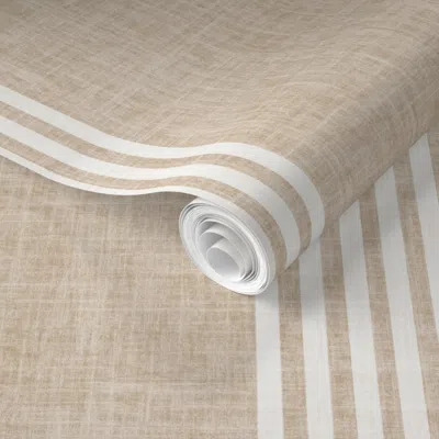 Spoonflower Pre-pasted Wallpaper Dusty Orange Cloth Texture Cream Thin Ticking Stripes Coastal Farmhouse  Remova In Brown
