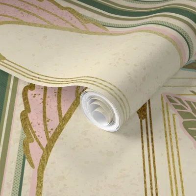 Spoonflower Pre-pasted Wallpaper Dusty Rose Pink & Green Art Deco Palm Trees W Gold Foil On Cream - 12 X 36" 2'  In Multi