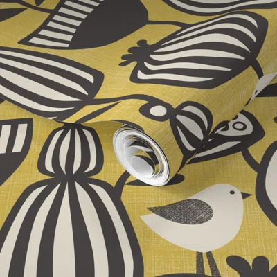 Spoonflower Pre-pasted Wallpaper East Fork Autumnal Flowers - Black And White / Yellow Background (large) 2' X 1