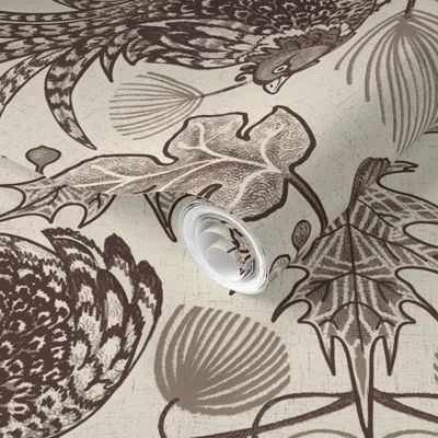 Spoonflower Pre-pasted Wallpaper East Fork Fig And Pheasant In Molasses And Morel On Panna Cotta 2' X 12' Remova