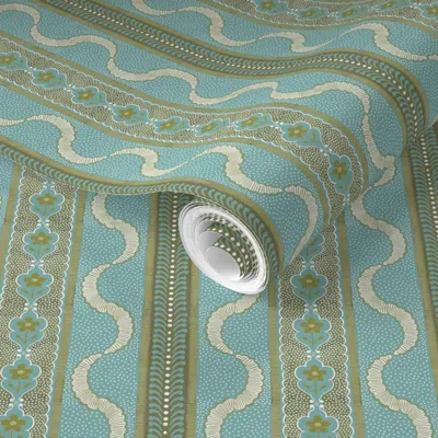 Spoonflower Pre-pasted Wallpaper East Fork Ribbon Fjord And Pear 2' X 12' Removable