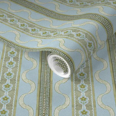 Spoonflower Pre-pasted Wallpaper East Fork Ribbon French Blue And Pear 2' X 12' Removable
