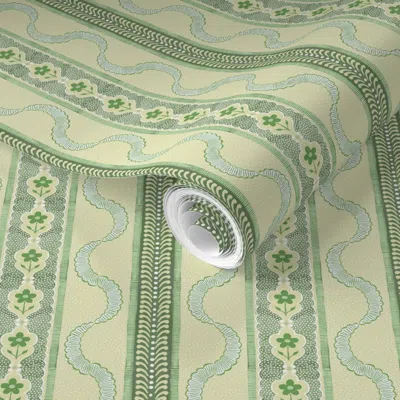 Spoonflower Pre-pasted Wallpaper East Fork Ribbon Pear And Spring Green 2' X 12' Removable