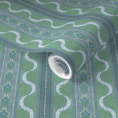 Spoonflower Pre-pasted Wallpaper East Fork Ribbon Pine And Blue 2' X 12' Removable