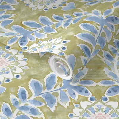 Spoonflower Pre-pasted Wallpaper Easton Vine On Green Gold 2' X 12' Removable