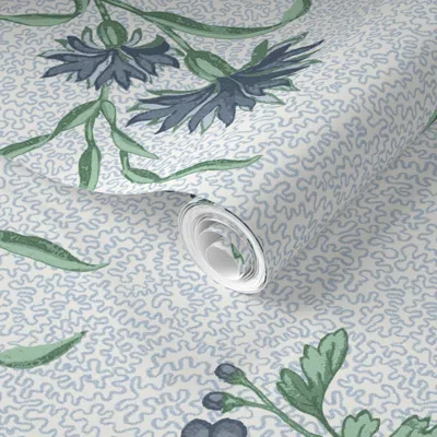 Spoonflower Pre-pasted Wallpaper Edwina Floral Toss Blues And Green Pale Blue Squiggle 2' X 12' Removable