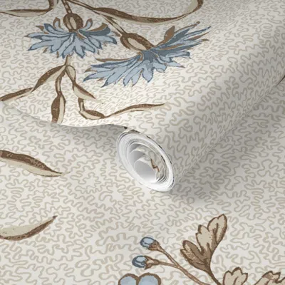 Spoonflower Pre-pasted Wallpaper Edwina Floral Toss Brown Quiet Blues And Tan Copy 2' X 12' Removable