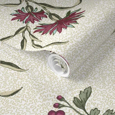 Spoonflower Pre-pasted Wallpaper Edwina Floral Toss Crimson Tan 2' X 12' Removable