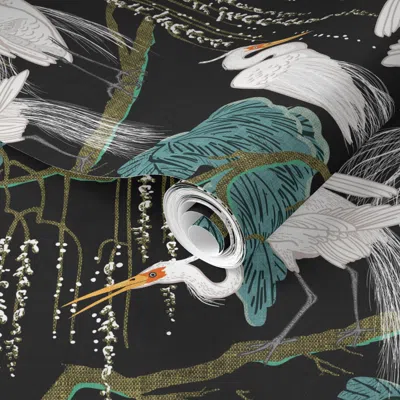 Spoonflower Pre-pasted Wallpaper Egrets & Willow (black) Med 2' X 12' Removable