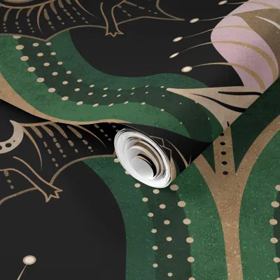Spoonflower Pre-pasted Wallpaper Elegant Art Deco Bats And Flowers -emerald Green Gold Black And Pink -jumbo 2'  In Multi