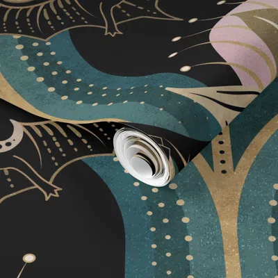Spoonflower Pre-pasted Wallpaper Elegant Art Deco Bats And Flowers -light Teal Gold Black And Pink -jumbo 2' X 1