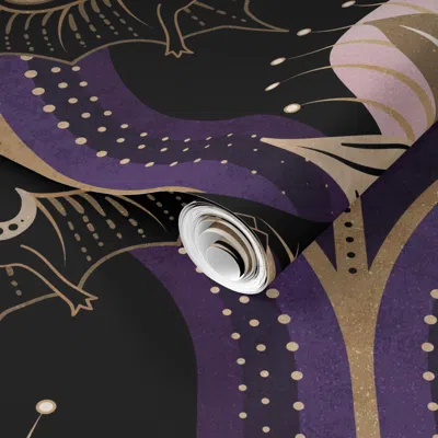 Spoonflower Pre-pasted Wallpaper Elegant Art Deco Bats And Flowers -royal Purple Gold Black And Pink -jumbo 2' X