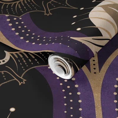 Spoonflower Pre-pasted Wallpaper Elegant Art Deco Bats & Flowers - Royal Purple Gold Black Cream -jumbo 2' X 12'