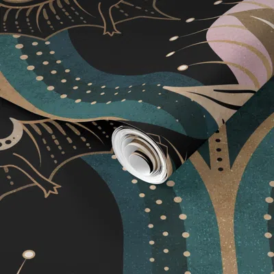 Spoonflower Pre-pasted Wallpaper Elegant Art Deco Bats And Flowers -teal Gold Black And Pink -jumbo 2' X 12' Rem In Multi