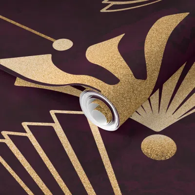 Spoonflower Pre-pasted Wallpaper Elegant Art Deco Burgundy Red And Gold Smaller Scale 2' X 12' Removable