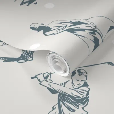 Spoonflower Pre-pasted Wallpaper Elegant Golf Players In Action With Ball As Dots Accent - Gray And Navy 2' X 12