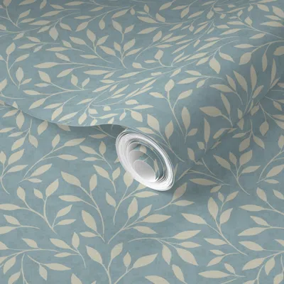 Spoonflower Pre-pasted Wallpaper Elegant Heirloom Leafy Vine Pattern - Cream On Dusty Blue Background 2' X 12' R