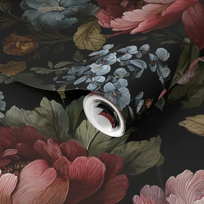 Spoonflower Pre-pasted Wallpaper Elegant Vintage Style Floral Pattern With Colorful Botanicals On Black 2' X 12'