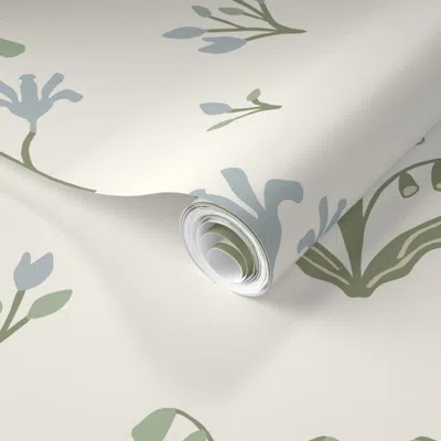 Spoonflower Pre-pasted Wallpaper Elodie Floral Meadow Large Blue And Green Heritage Traditional 2' X 12' Removab In Neutral
