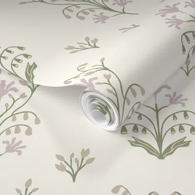 Spoonflower Pre-pasted Wallpaper Elodie Floral Meadow Mauve And Green 2' X 12' Removable
