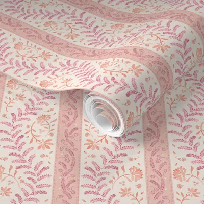 Spoonflower Pre-pasted Wallpaper Eloise -grandmillennial Stripes Climbing Watercolour Vine Leaves-peach Pink 2' 