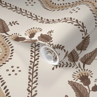 Spoonflower Pre-pasted Wallpaper Emma Stripe Custom Brown And Cream Copy 2' X 12' Removable In White