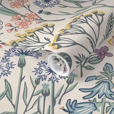 Spoonflower Pre-pasted Wallpaper Emmas Flower Meadow Large - Multicolored Warm Tone Cottagecore Wild Floral 2' X