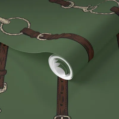 Spoonflower Pre-pasted Wallpaper Equestrian Tack Stripes On Forest Green Background  Removable