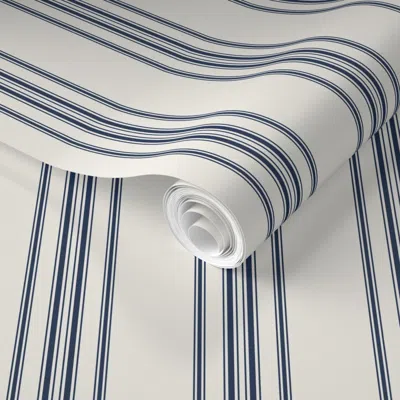 Spoonflower Pre-pasted Wallpaper Estate Blue On Cream Grain Sack French Country Farmhouse Ticking Twelve 2' X 12