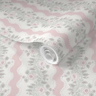 Spoonflower Pre-pasted Wallpaper Etta Floral Stripe Muted Rose 2' X 12' Removable