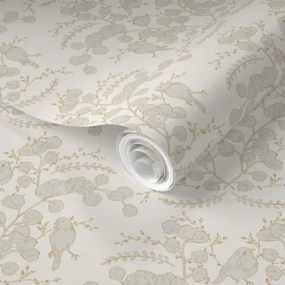 Spoonflower Pre-pasted Wallpaper Eucalyptus Vines Aand Birds Cream 2' X 12' Removable