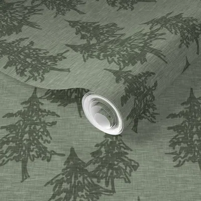 Spoonflower Pre-pasted Wallpaper Evergreen Trees On Linen - Fern 2' X 12' Removable In Green
