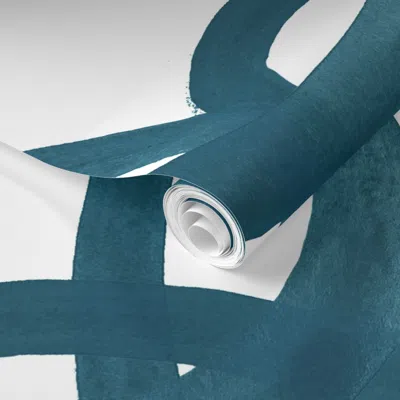 Spoonflower Pre-pasted Wallpaper Extra Large Circles Half Drop Custom Teal3 On White 2' X 12' Removable In Blue
