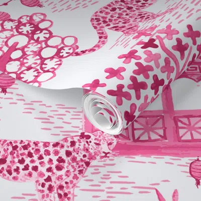 Spoonflower Pre-pasted Wallpaper Extra Large Party Leopards Lanterns In Forest Hot Pink On White 2' X 12' Remova