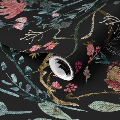 Spoonflower Pre-pasted Wallpaper Fable Floral (black) Jumbo 2' X 12' Removable