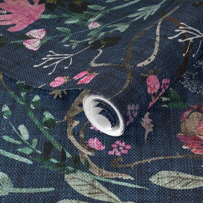 Spoonflower Pre-pasted Wallpaper Fable Floral (navy) Jumbo 2' X 12' Removable In Multi