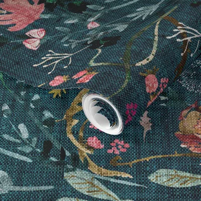 Spoonflower Pre-pasted Wallpaper Fable Floral (teal) Jumbo 2' X 12' Removable In Multi