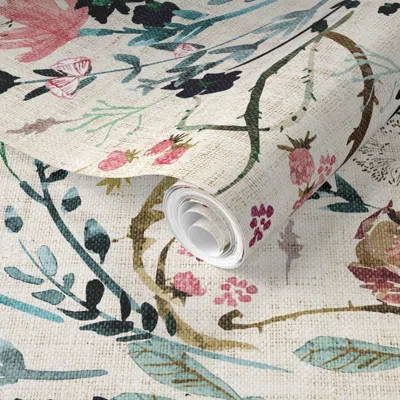 Spoonflower Pre-pasted Wallpaper Fable Floral (vintage Cream) Jumbo 2' X 12' Removable
