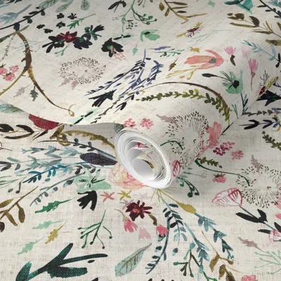 Spoonflower Pre-pasted Wallpaper Fable Floral (vintage Cream) Med 2' X 12' Removable In Multi