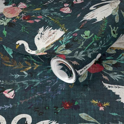 Spoonflower Pre-pasted Wallpaper Fable Swan Damask (teal) Sml 2' X 12' Removable