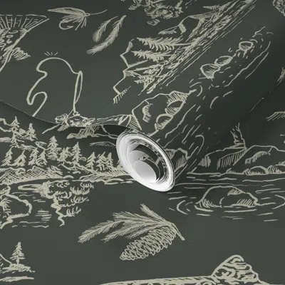 Spoonflower Pre-pasted Wallpaper Fabric In Fly Fishing With Bear In Reverse Green 2' X 12' Removable