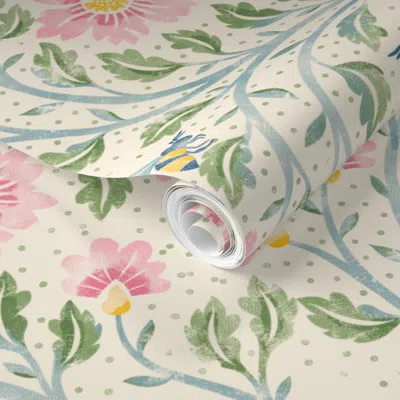 Spoonflower Pre-pasted Wallpaper Faded Watercolor Indian Floral With Bees - Green Blue Pink On Cream - 12  Remov