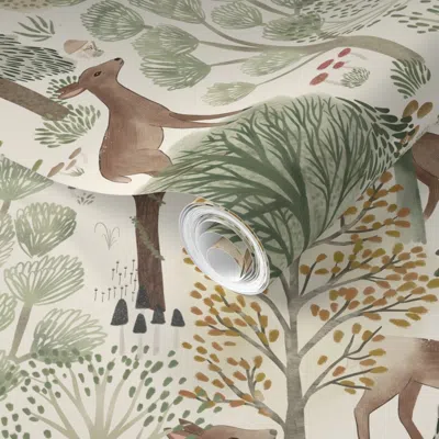 Spoonflower Pre-pasted Wallpaper Fall Forest Trees & Deer Muted Large - Bathroom Walls Rustic Woodland 2' X 12'  In Green